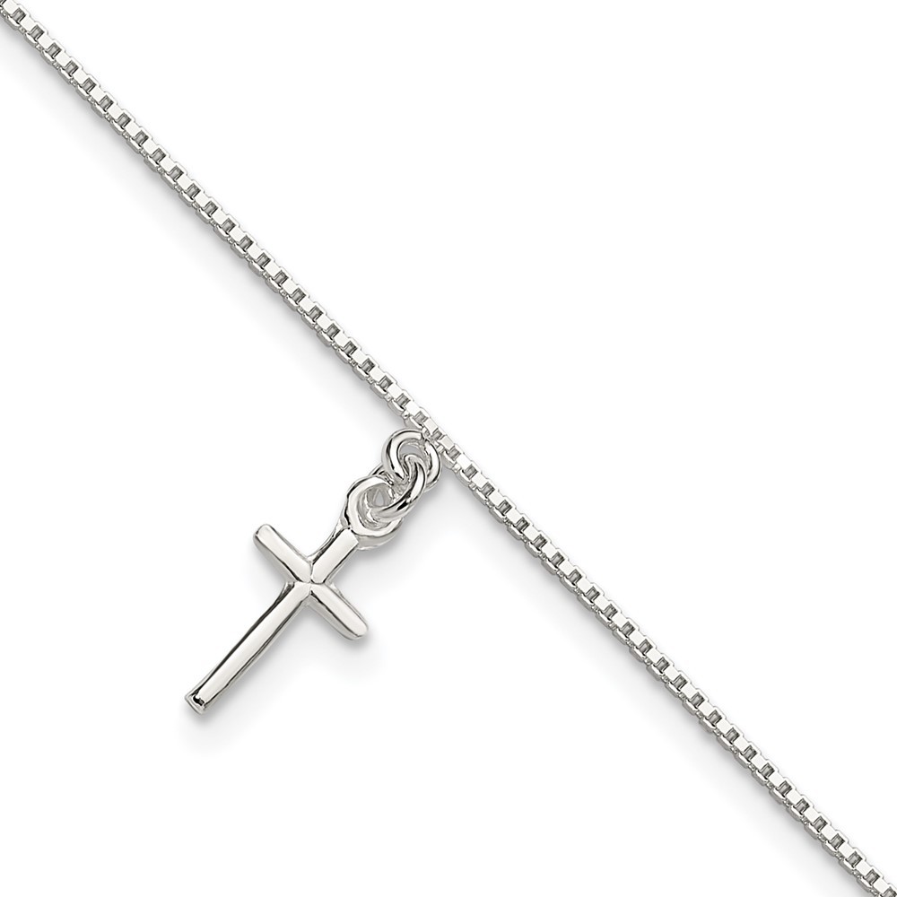 925 Sterling Silver 10 in Solid Polished Cross Charm on Box Chain Jewelry Anklet